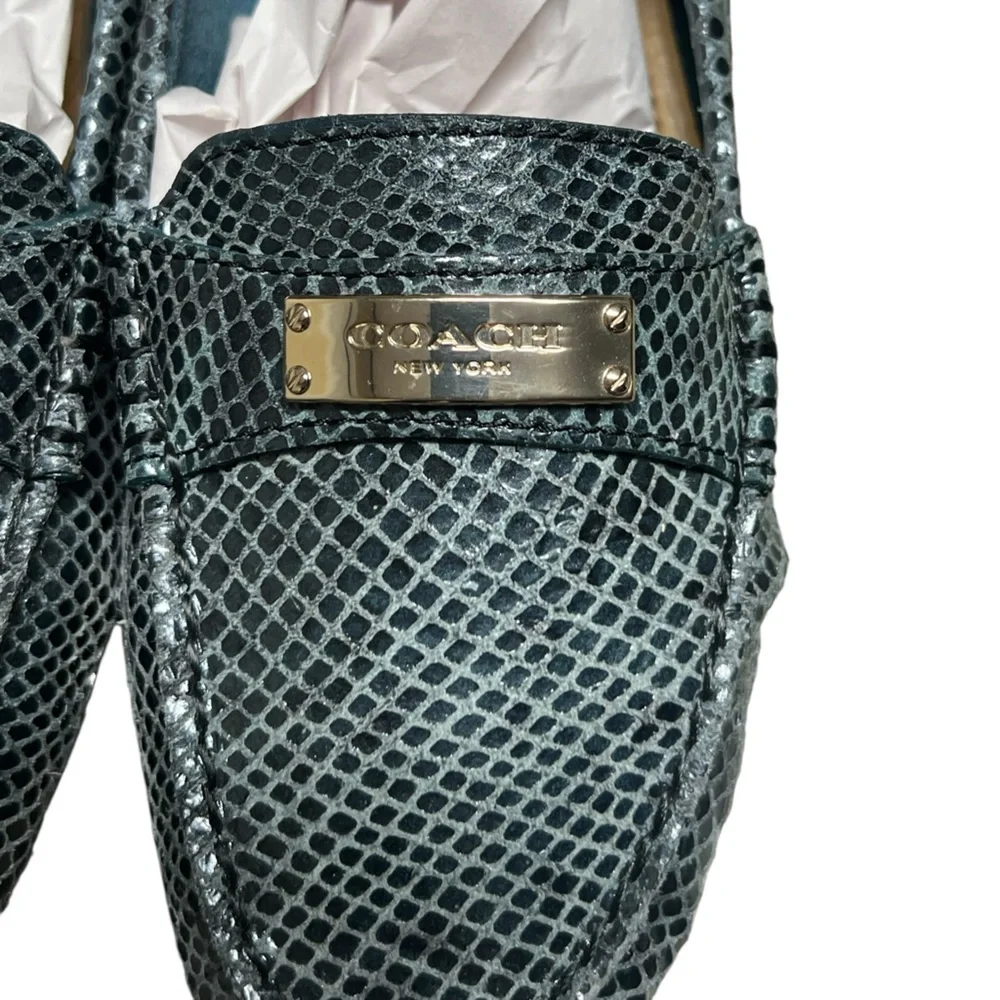 Coach Fredrica blue iridescent snake print leather logo loafers Y2K